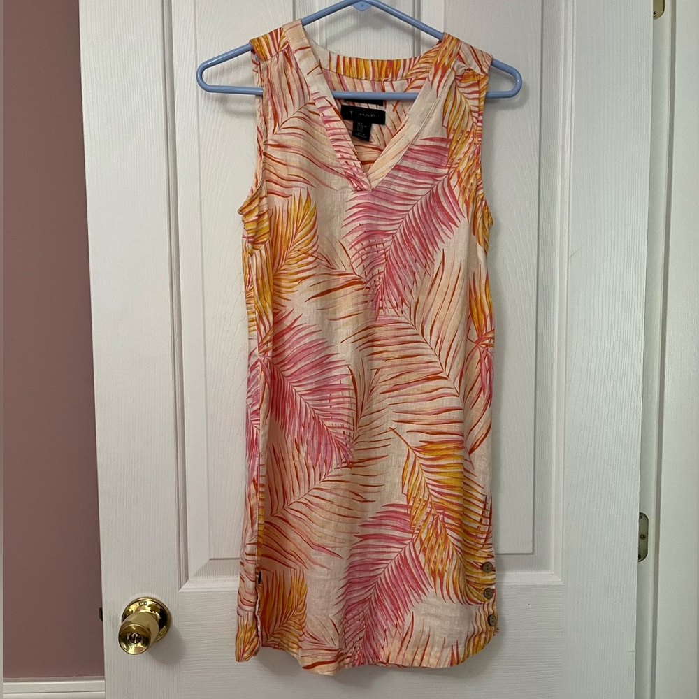 Tahari Linen Dress Knee Length Tropical Palm Patterned XS Orange Pink Resortwear